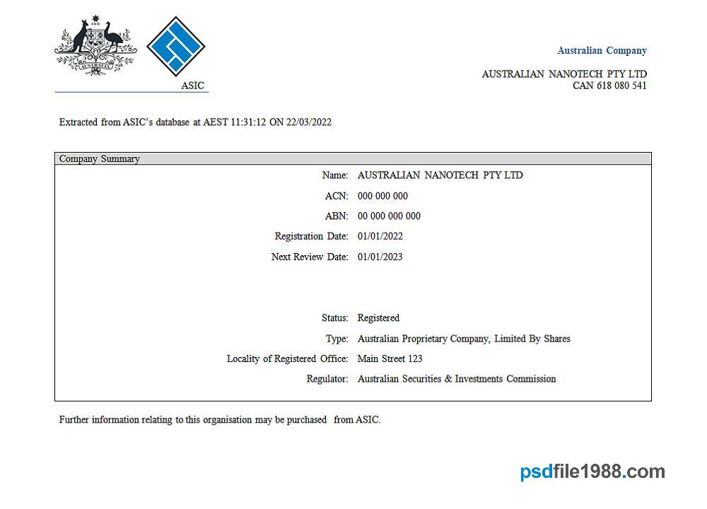 Aust ASIC Certificate of Company Registration 2